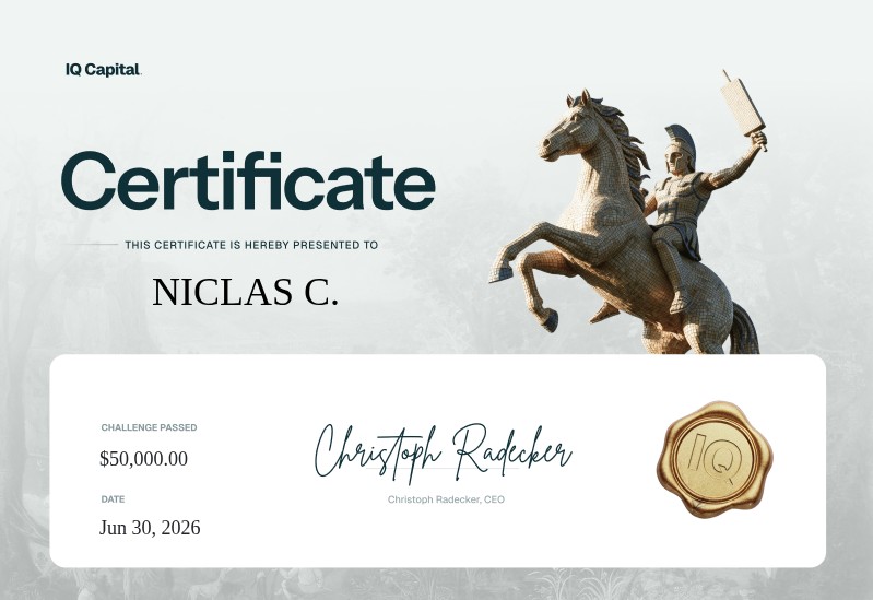 IQ Capital Certificate — $50,000 challenge passed by Niclas C., dated June 30, 2026, signed by CEO Christoph Radecker